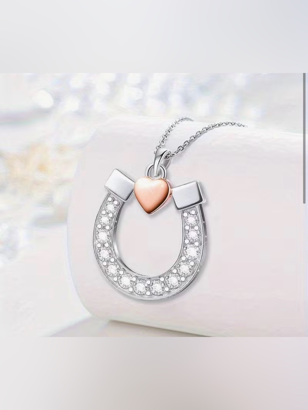 Silver Horseshoe Pendant Necklace with Rose Gold Heart - New